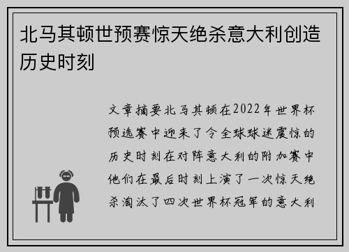 北马其顿世预赛惊天绝杀意大利创造历史时刻